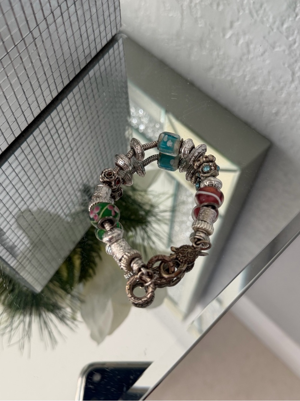Silver-Tone Beaded Charm Bracelet with Pink and Turquoise Accents
